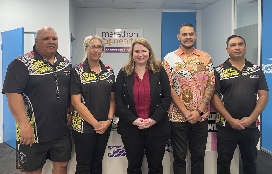 Minister for Western NSW Tara Moriarty (centre) with (L to R) Marathon Health trainees Max Hill, Brenda Duncan and Travis Hill and Marathon Health program coordinator Brendan Cubby. Picture by Allison Hore