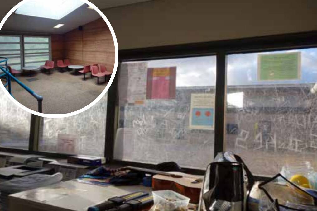 The 'cold and uninviting' visitors room (inset) and scratched windows on the guard room obstructing views. Pictures via Inspector Custodial Services report