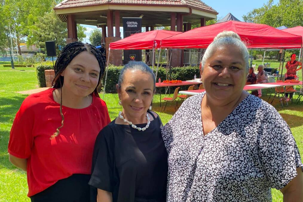 Coucillor Pam Wells (right) with Dubbo Aboriginal Land Council CEO Tatum Moore and Indigenous Australians Minister Linda Burney at Victoria Park in Dubbo. Picture supplied