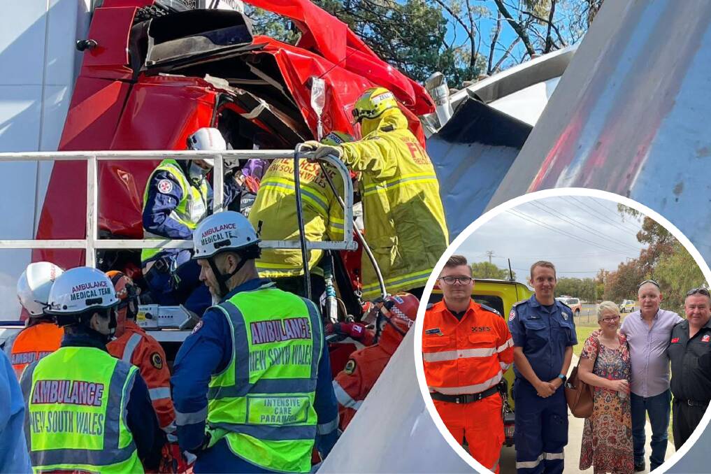 Chris Scullin met with rescuers for the first time (inset) since his horror crash on the Newell Highway in 2021. Pictures supplied