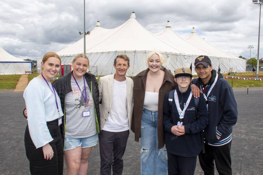 Maddie and Molly Croft with inspirational speaker Michael Crossland,The Voice winner Bella Taylor Smith and school students Sharllote Schwarz and Khylan Mitchell. Picture by Belinda Soole