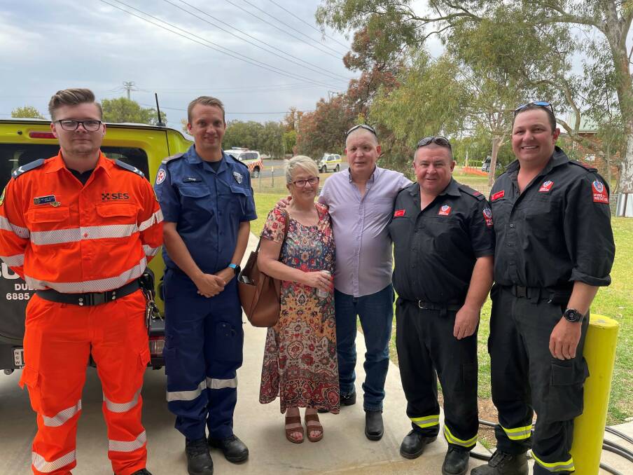 NSW SES member William Flood, NSW Ambulance paramedic Troy Jones, Jo and Chris Scullin, and Fire and Rescue NSW firefighters who attended the scene of the crash. Picture supplied