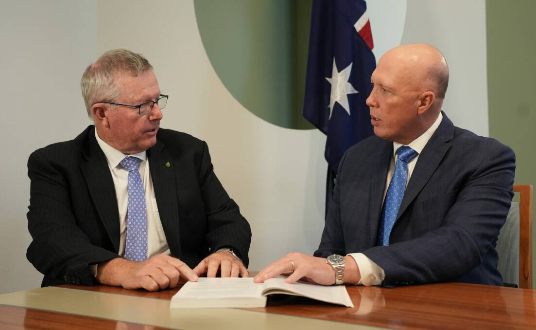 Federal Member for Parkes Mark Coulton discusses the Budget with Opposition Leader Peter Dutton. Picture supplied