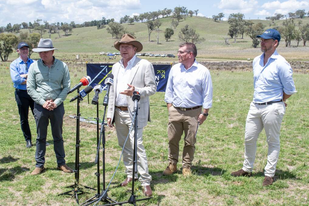 Chris Bowen, Andrew Forrest, Dugald Saunders and Jason Willoughby at the Uungala Wind Farm site. Picture by Belinda Soole