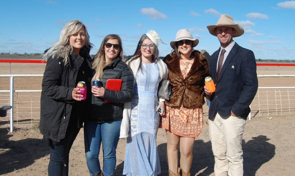 CALLED OFF: Jane Laughlin, Harriet Pascal, Kylie Scales, Kate Russell and James Chandler at the 2019 Louth races. Photo: ZAARKACHA MARLAN