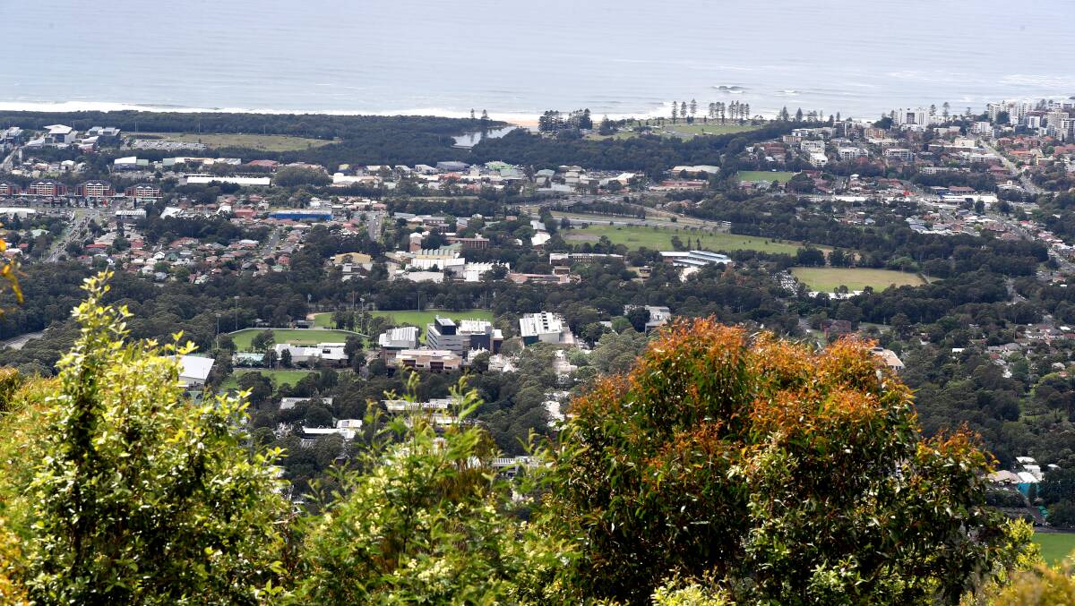 The view from Mount Keira looking over the University of Wollongong. Picture: Robert Peet