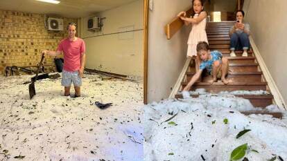 Black Canvas Graphic Design reported hail inside of their closed garage (left), which spilled out into the adjoining hallway (right). (Photo: Black Canvas Graphic Design)