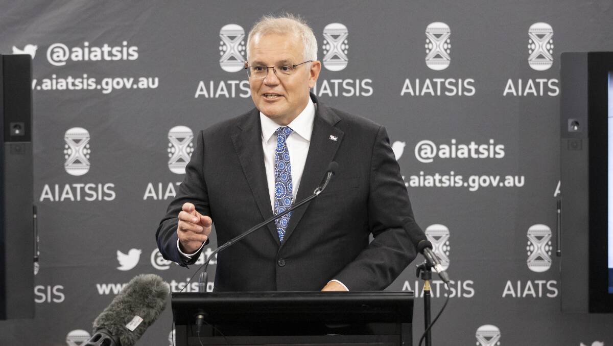 Prime Minister of Australia Scott Morrison speaks at the Australian Institute of Aboriginal and Torres Strait Islander Studies. Picture: Keegan Carroll
