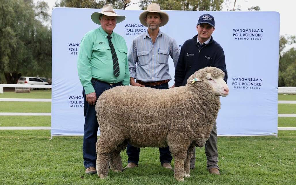 The $48,000 top priced ram with Stephen Chalmers, Nutrien stud stock, buyer Mark Peters, Ballatherie, Hillston, and Tom Lilburne, Poll Boonoke stud manager.