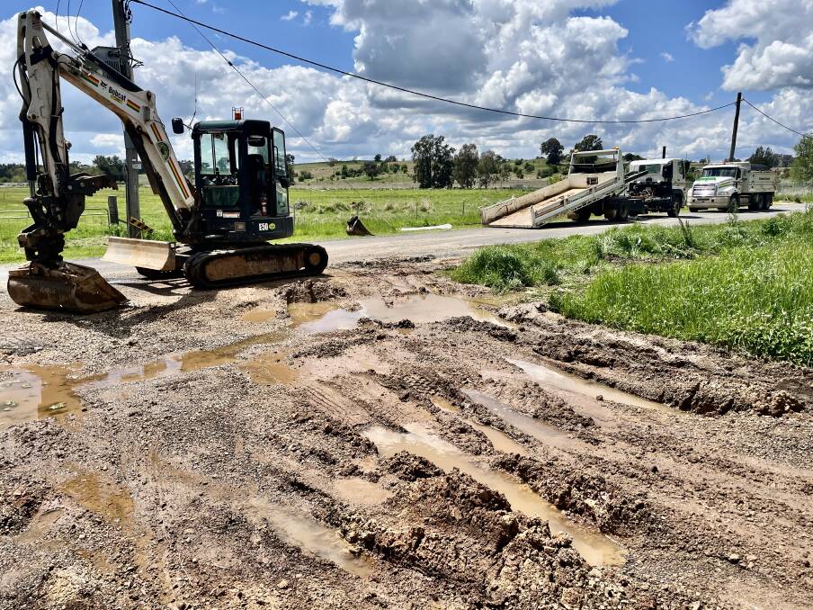 Deteriorated road where Molong's Kite and Thistle streets meet, after a garbage truck sank during its usual collection route on Monday morning. Picture by Emily Gobourg.
