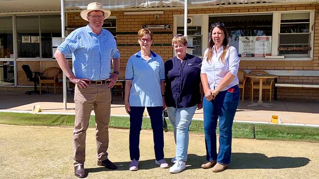 Member for Calare, Andrew Gee on Tuesday, October 31, with Molong Bowling Club's Yvonne Clyde, Margot Brown, and Janelle Fessey. Picture by Emily Gobourg.