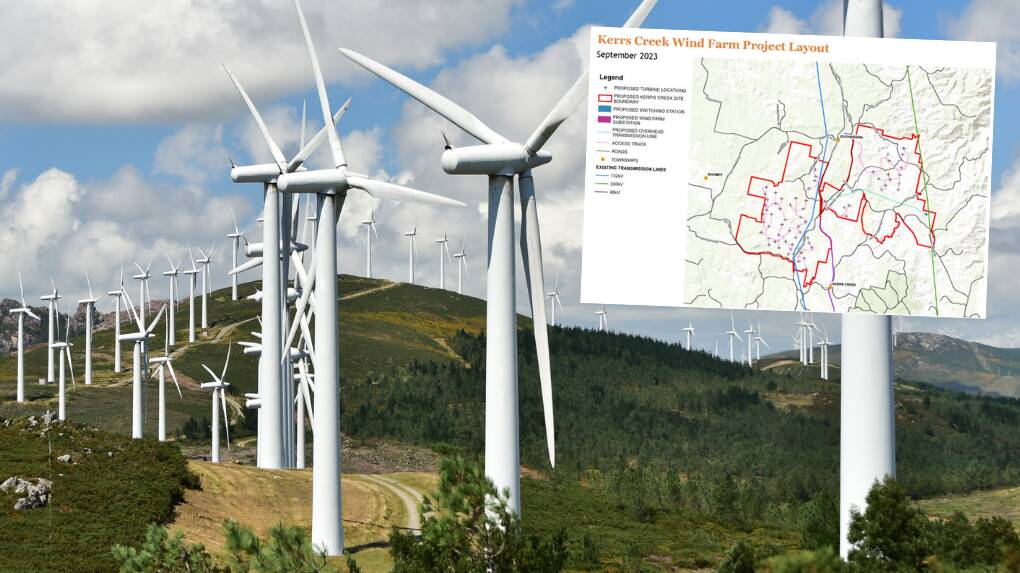 Roughly 80 community members attended October 10 meeting for proposed Kerrs Creek Wind Farm project. Picture (main) from Shutterstock, inset layout from RES Australia website.