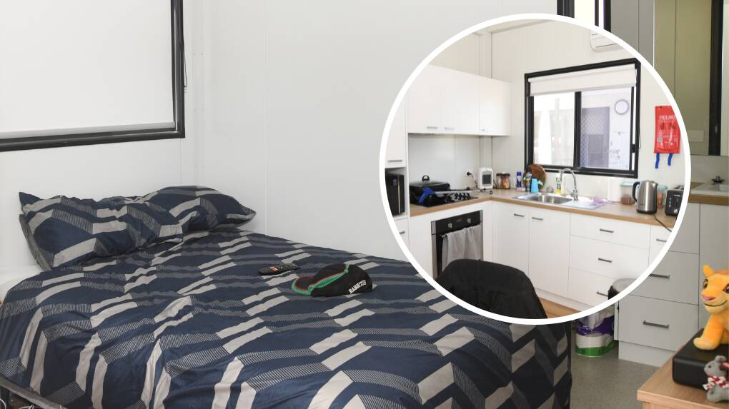 Images taken October 24 of Ken Woodford's pod home in Eugowra, which includes a small kitchenette, double bed, television and bathroom. Pictures by Jude Keogh. 