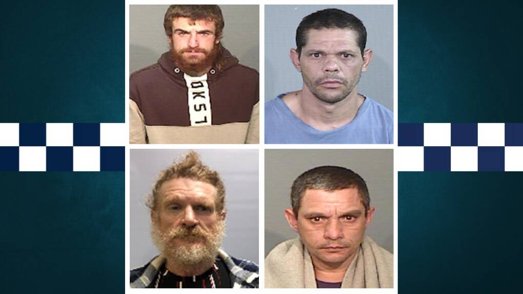 Police are searching for Wyatt Kurt McMillan (top left), Lindsay James Morgan (top right), Matthew Badyn Hudson (left base) and Dennis John Morgan (right base) in the Central West. Picture by NSW Police.