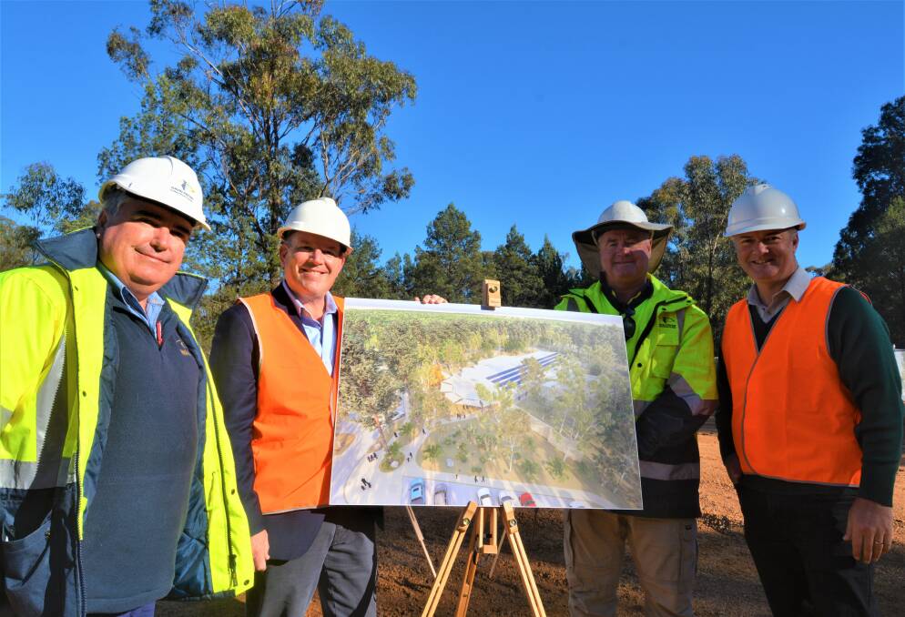 Dubbo MP and agriculture minister Dugald Saunders (2nd from left) and Taronga Western Plains Zoo director Steve Hinks with David Payne Constructions team at the Platypus Conservation Centre site. Picture: Elizabeth Frias