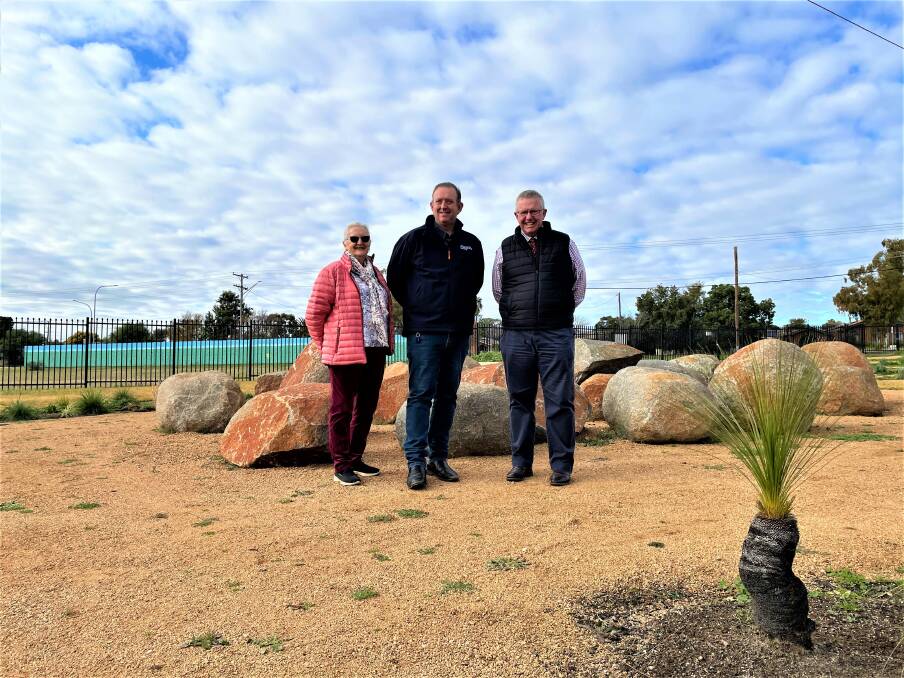 Parkes MP Mark Coulton (right) with Macquarie Home Stay director Rod Crowfoot and board director Susie Hill at the garden to be surrounded by the Queen's commemorative trees. Picture: Elizabeth Frias