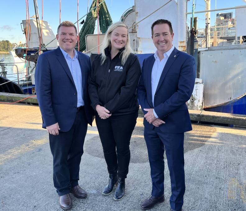 Agriculture minister Dugald Saunders (left) with Professional Fishers Association chief Tricia Beatty and NSW deputy premier Paul Toole launching the Taste of Seafood Festival on the north coast this week. Picture: Supplied