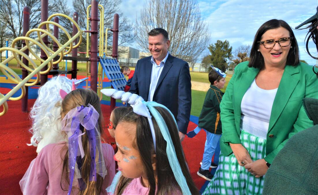 NSW education minister with Dubbo MP Dugald Saunders enjoying Education Week with students in their favourite costumes at Dubbo North Public School on Wednesday, 03 August 2022. Picture: Elizabeth Frias