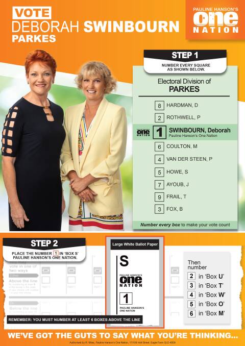 WRONG PHOTO?: One Nation founder, senator Pauline Hanson pictured with senate candidate Kate McCulloch in the Parkes' how to vote card. PICTURE: ONE NATION MEDIA