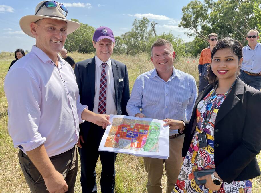 Unveiling the site of the River Street 6,000 dwellings housing project are Dubbo Regional Council chief executive officer Murray Wood (left), Dubbo mayor Mathew Dickerson, Dubbo MP Dugald Saunders, and senior growth planner Shoilee Iqbal. Picture Supplied 