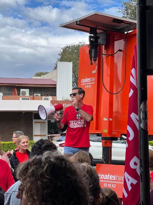 NSW Teachers Federation spokesman Tim Danaher addressing the crowd during the protest action on 30 June 2022 at Dubbo. Picture: Supplied