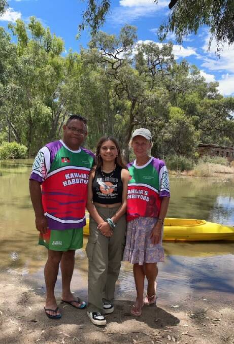 Wlcannia Aboriginal community elder Owen Whyman, his daughter Amelia and Lisa Bellamy pictured near their property along the Darling River. Picture Supplied 