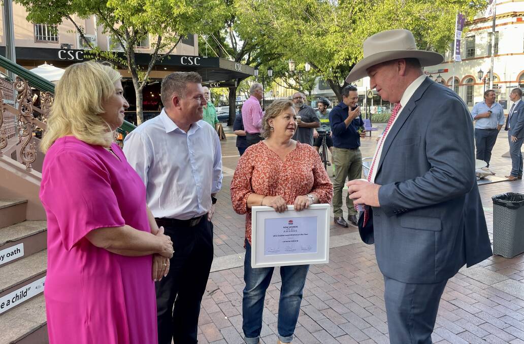 NSW Minister for Regional Health Bronwyn Taylor, Dubbo MP Dugald Saunders and Deputy Prime Minister Barnaby Joyce presented the 2022 Dubbo Electorate NSW Woman of the Year Award to Lorraine Holland (2nd from right) last Saturday in Dubbo.