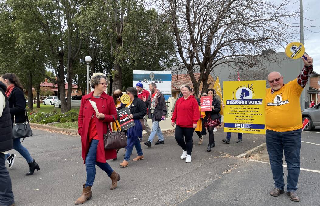 St Matthews Catholic School teacher Ian Street, a member of the Independent Education Union of Australia at the Dubbo protest on Thursday, 30 June 2022. Picture: Elizabeth Frias