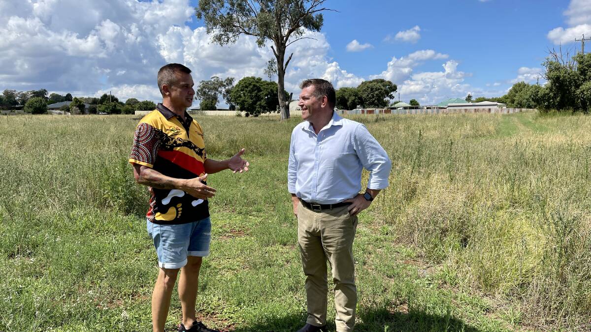 Member for the Dubbo electorate Dugald Saunders at the site with Pathways Together Aboriginal Corporation director Rob Riley. PHOTO:SUPPLIED