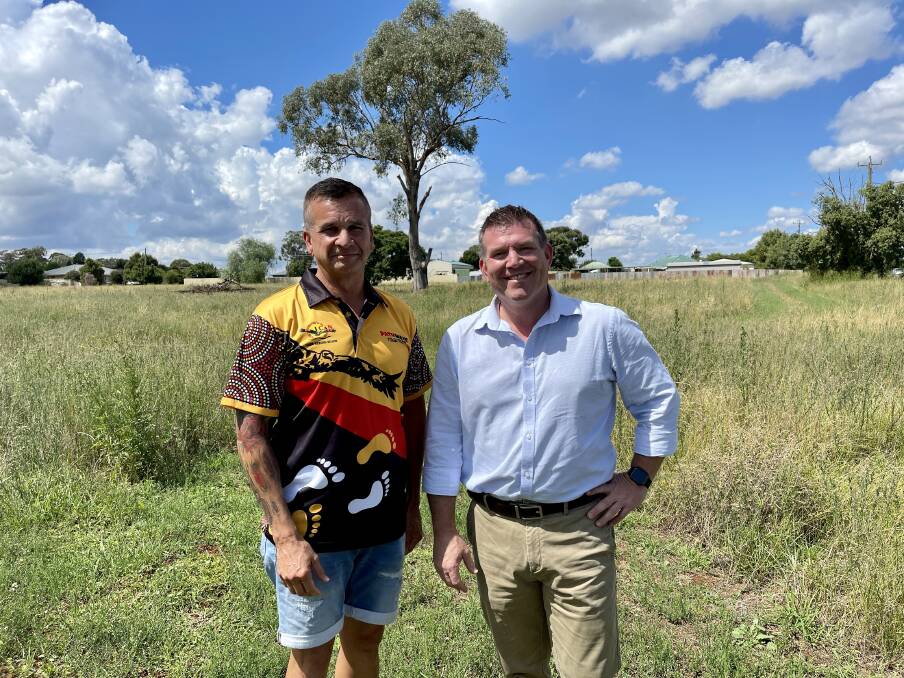 Dubbo MP Dugald Saunders with Pathways Together Aboriginal Corporation director Rob Riley at Wongarbon Reserve. PICTURE: CONTRIBUTED