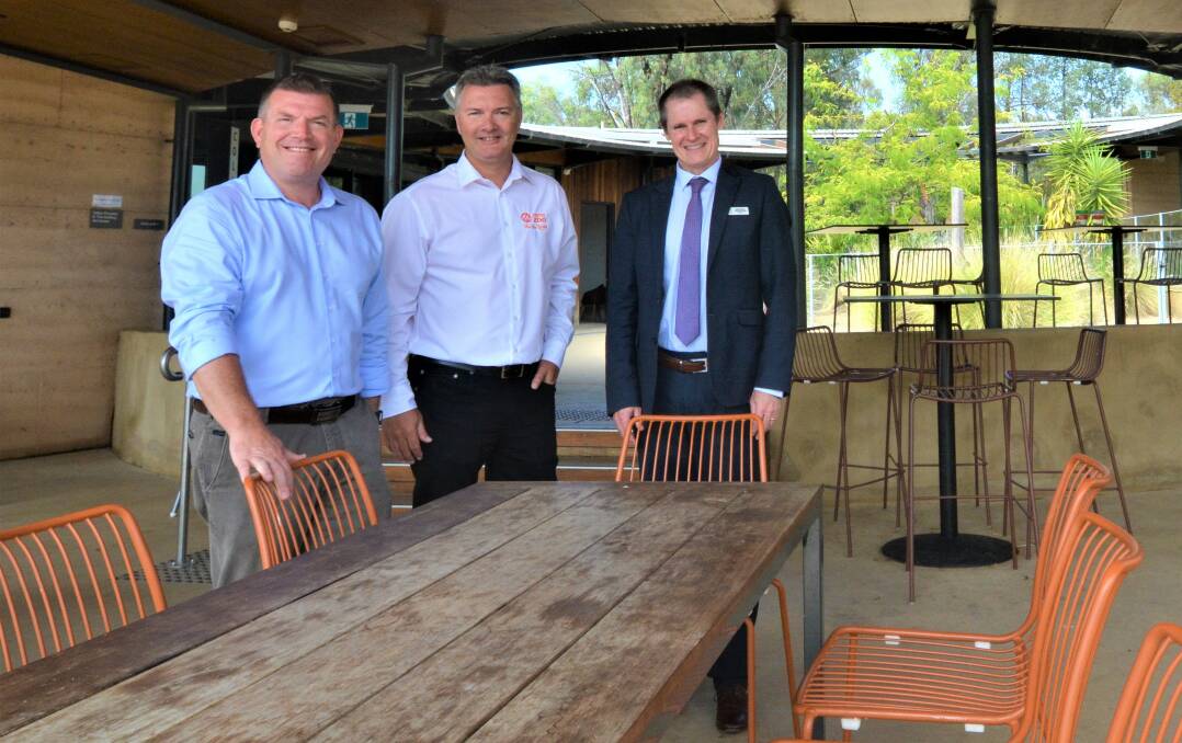 Dubbo MP Dugald Saunders, Taronga Western Plains Zoo director Steve Hinks and Dubbo Regional Council mayor Mathew Dickerson at The Waterhole Cafe at the zoo. Picture by Elizabeth Frias