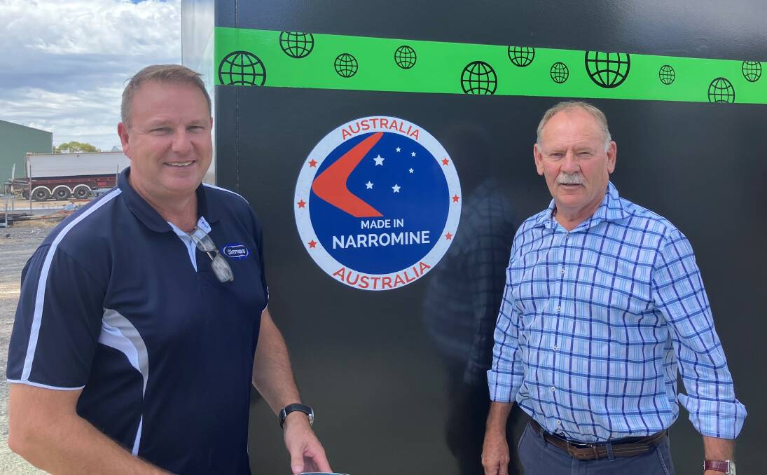 Simmons Global company owner David Simmons with Narromine mayor Craig Davies at the official launching of the first of the 800 units of Thermic gold extraction process heater made in Australia at Narromine town near Dubbo. Picture Supplied
