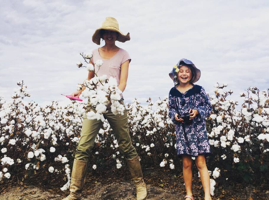 Karin Stark with her daughter on their cotton farm called Waverleigh in Narromine NSW. Picture: Supplied