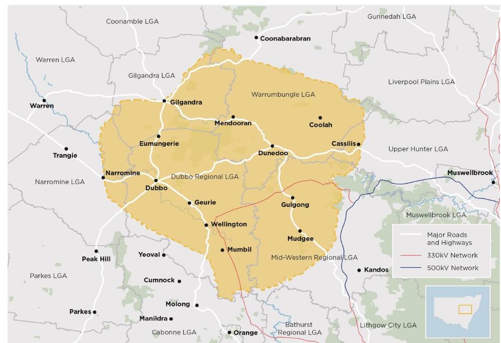 This map shows the towns where Central West-Orana Renewable Energy Zone infrastructure are to be built. Picture: CONTRIBUTED