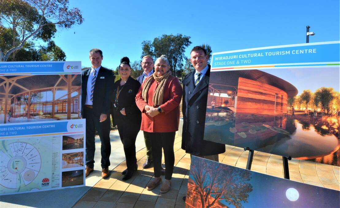 Unveiling Dubbo's first Wiradjuri Cultural Centre funded by the NSW government are (from left) Dubbo MP Dugald Saunders, councilor and Wiradjuri elder Pam Wells, Aboriginal Affairs minister Ben Franklin, Aboriginal liaison officer Kerry Ann Stanley and Dubbo mayor Mathew Dickerson at Elizabeth Park. Picture: Elizabeth Frias