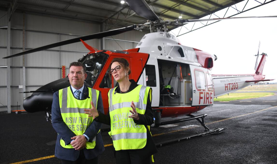 Dubbo MP and minister for agriculture and western NSW Dugald Saunders with emergency and resilience minister Steph Cooke unveiling the new Rural Fire Service rescue helicopter now based at Dubbo. Picture: Amy McIntyre
