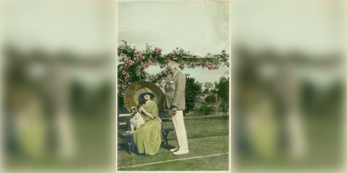 Ernest and Lorna Martin, dressed in their best in this hand coloured Christmas postcard. Image Credit: Ernest and Lorne Martin, 1924, Local Studies Collection, Dubbo Regional Council