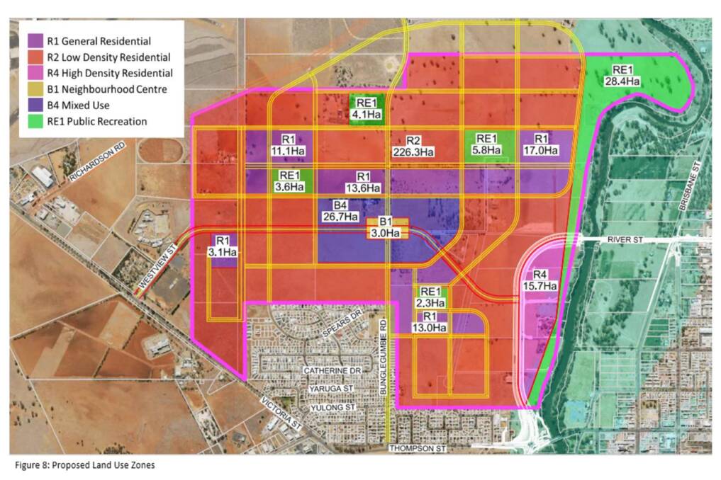 A map depicting proposed land use zones in the draft North West Precinct Plan. Picture by Dubbo Regional Council