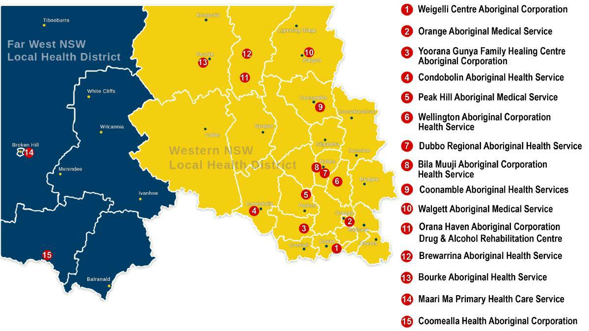 A map of the 15 Aboriginal Medical Services in Western NSW. Picture supplied