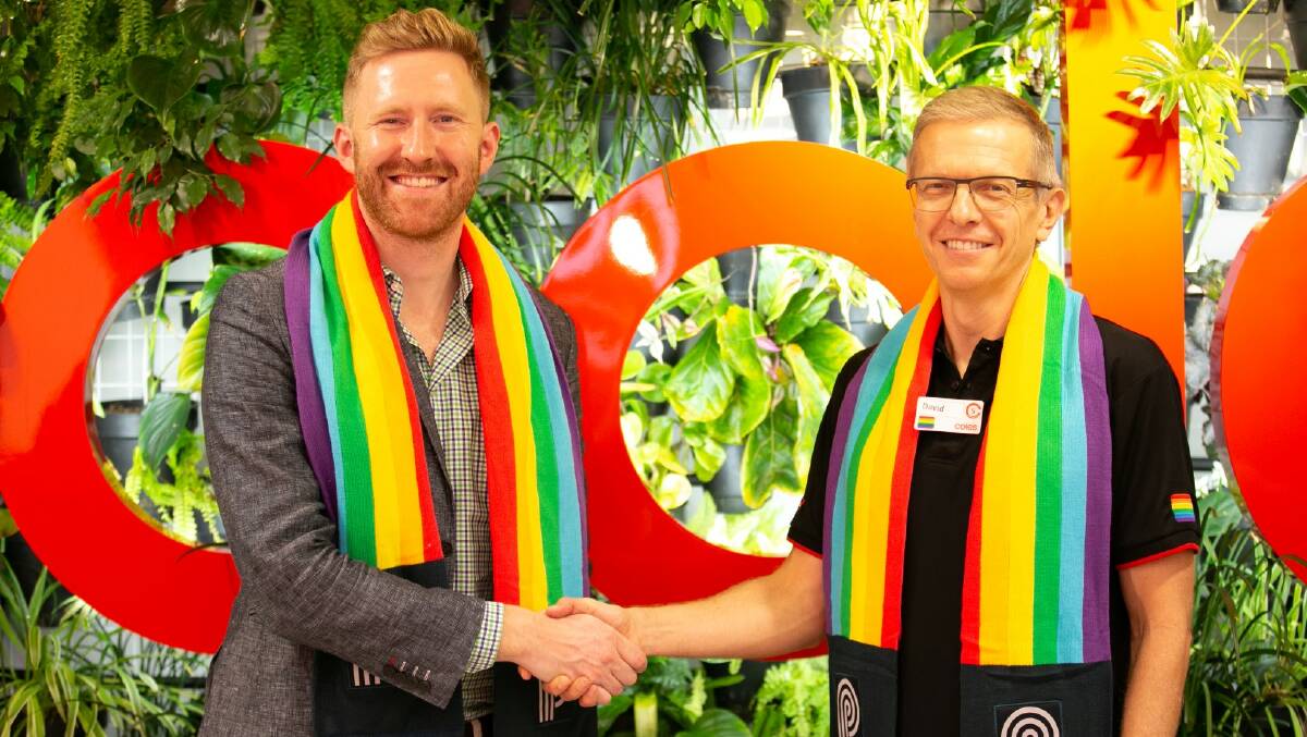 Coles Chief Legal and Safety Officer David Brewster (r) with Pride Cup Australia founder Jason Ball. Picture: CONTRIBUTED 