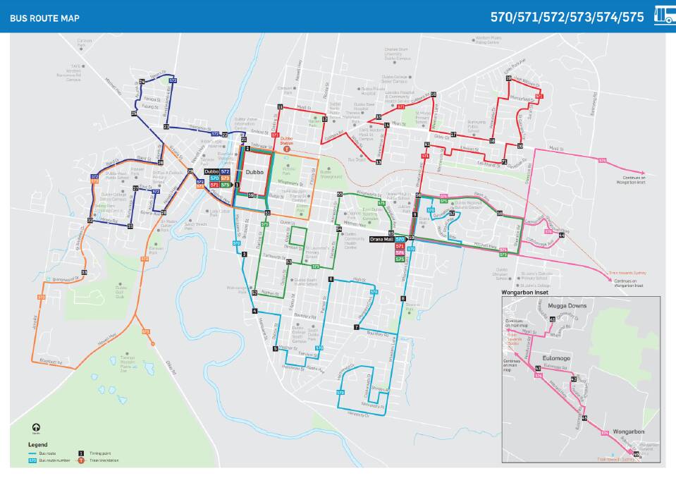 Dubbo's current bus network map. An improved bus network will be rolled out later in 2023, according to Transport NSW. Picture supplied