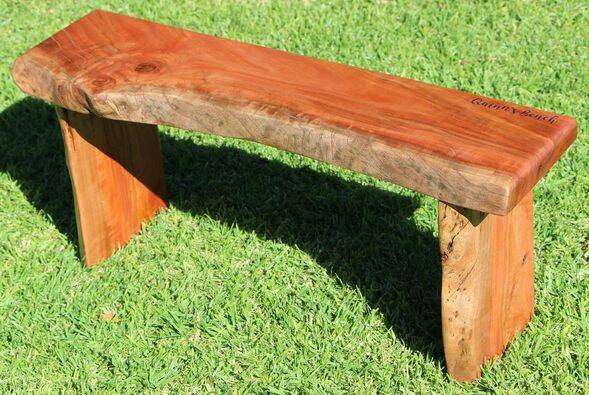  The handmade Red Gum bench called 'Quinn's Bench' created for the auction event. Picture: Facebook (Renewingoldbark)