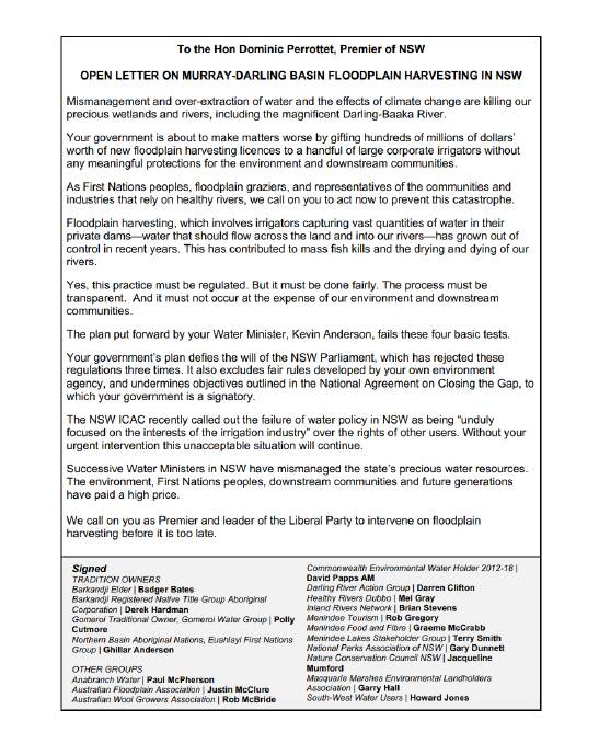 The open letter on Murray-Darling Basin floodplain harvesting in NSW in July 2022. Picture supplied