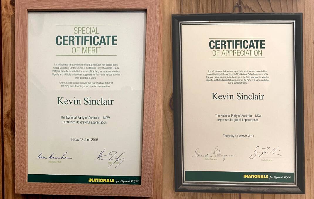 APPRECIATION: Mr Sinclair's certificates awarded by the National Party of Australia. PICTURE: BAGESHRI SAVYASACHI