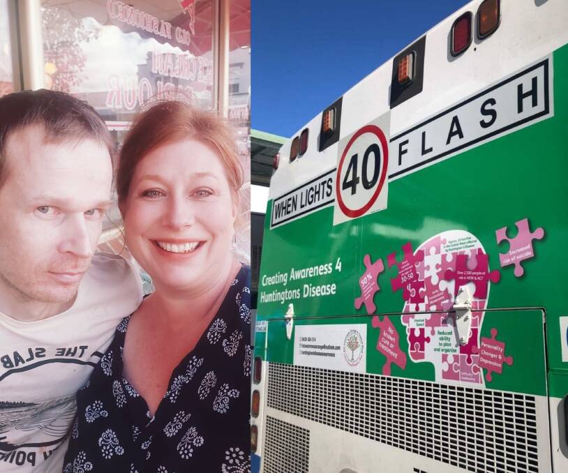 (L-R) Rachael Brooking with her brother Joshua Kelly. A Central West bus displays Huntington's disease awareness signage. Pictures: CONTRIBUTED