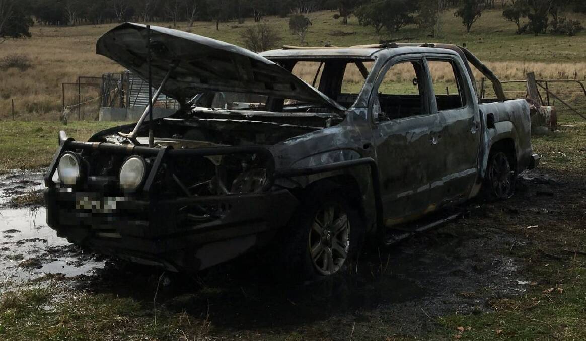 The burned-out Volkswagen Amarok on Neville Road, near Blayney. SOURCE: RFS.
