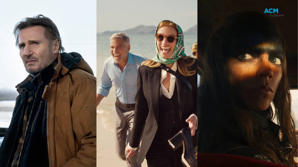 Liam Neeson in The Ice Road (left), George Clooney and Julia Roberts in Ticket to Paradise (centre), Anya Taylor-Joy in Furiosa: A Mad Max Saga (right). Picture Netflix/Universal Pictures/Instagram @AnyaTaylorJoy
