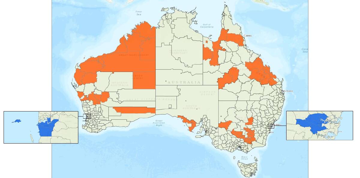 Youth suicide hotspots (in orange) and coldspots (in blue) identified as part of the study. Picture by Telethon Kids Institute 