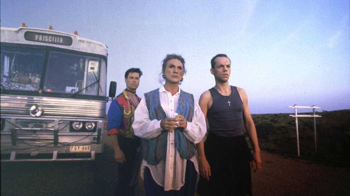 Guy Pearce, Terence Stamp and Hugo Weaving in The Adventures of Priscilla, Queen of the Desert (1994). Picture supplied by History Trust of South Australia