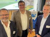 Head agribusiness at law firm King and Wood Mallesons, Scott Bouvier, with guest speaker and Meat and Livestock Australia's general manager, Jason Strong and NSW Farm Writers Association president, George Hardy, at Farm Writers' lunch seminar in Sydney.